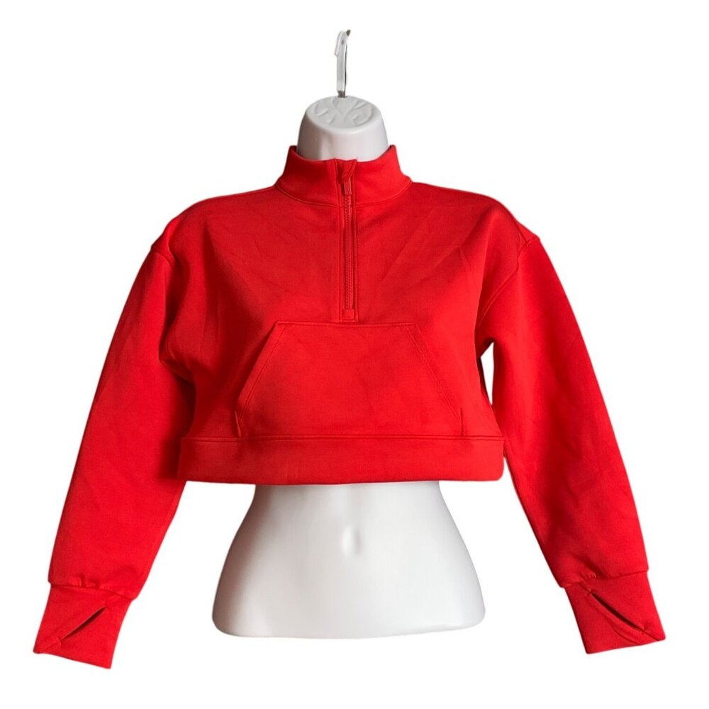 All In Motion Junior Red Cropped Quarter-Zip Sweatshirt Kangaroo Pocket Medium